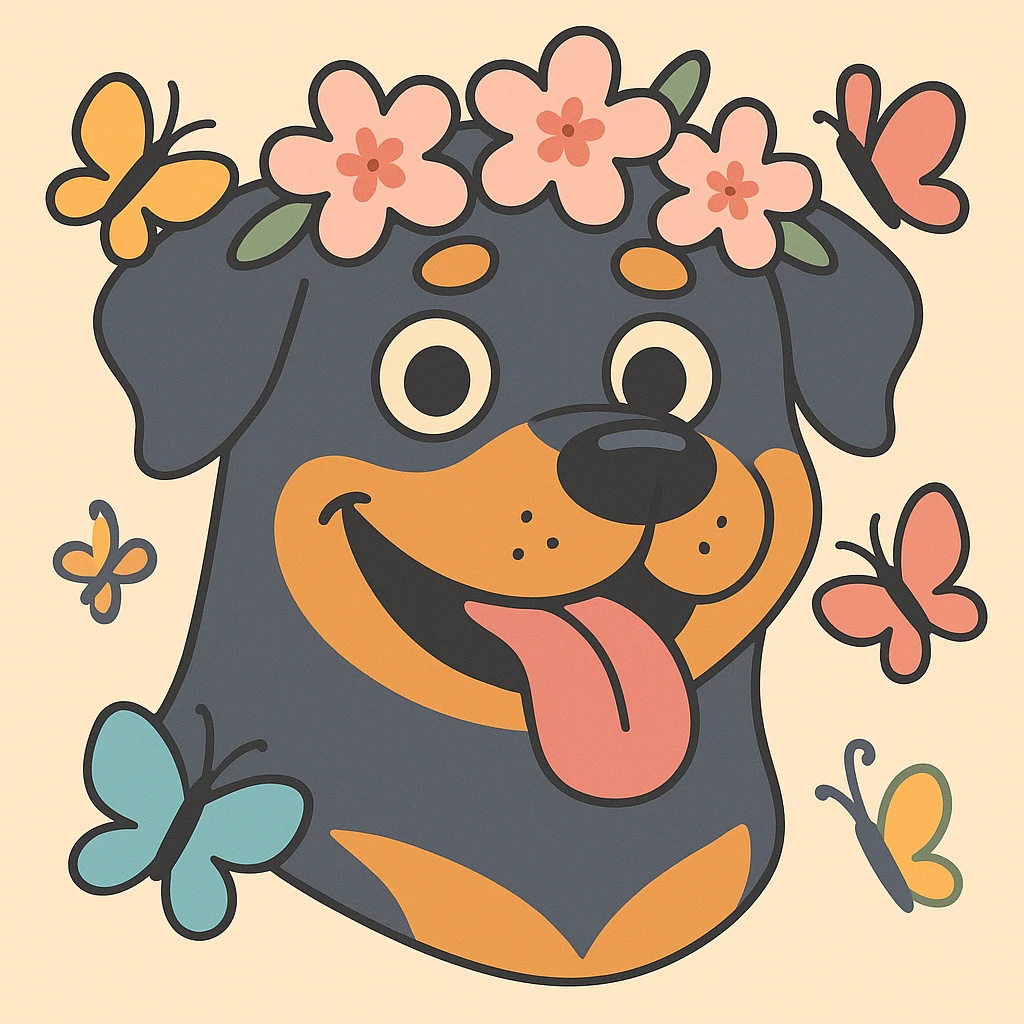 Add butterflies fluttering around the rottweiler with a cherry blossom flower crown, keep the original style and colors emoji