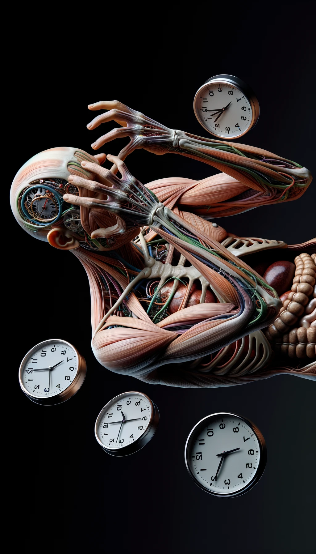 corpo umano anatomico CHE TIENE OROLOGI NELLE MANI E STA IMPAZZENDO PERCHé NON RIESCE A SVOLGERE TUTTE LE SUE ATTIVITà QUOTIDIANE: NON HA TEMPO, iperrealistico 4k emoji