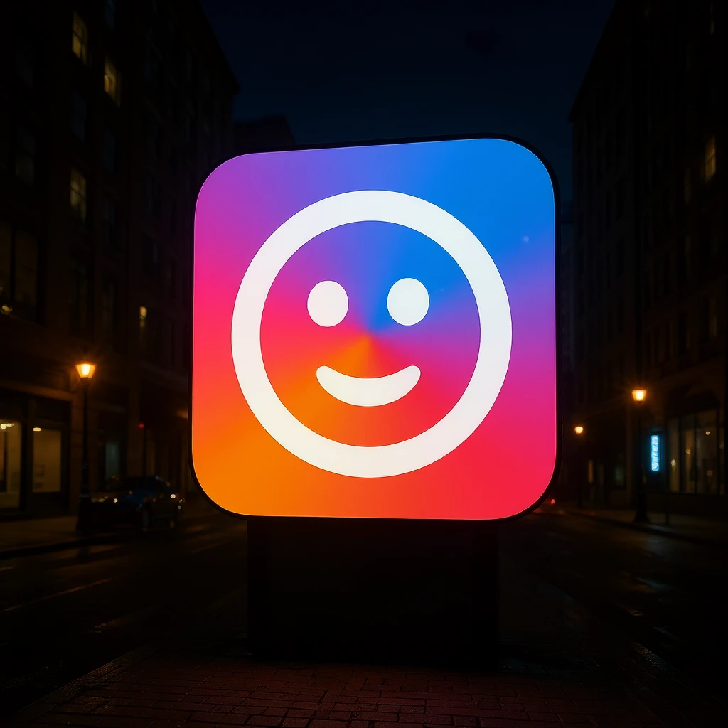 The logo rendered as a neon sign at night, glowing effect, urban environment emoji