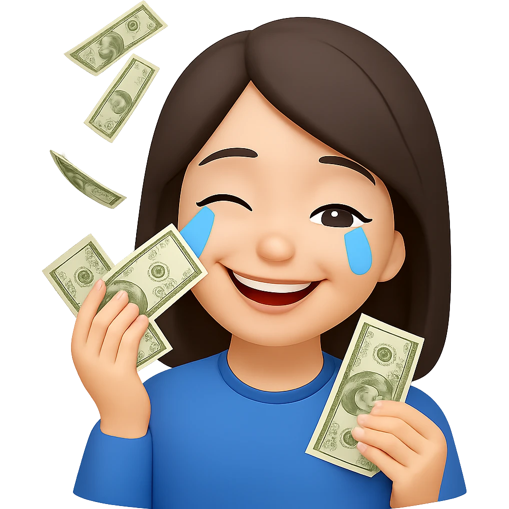 Make the brunette girl smile instead, drying her tears with money bills, in emoji style, no background. emoji