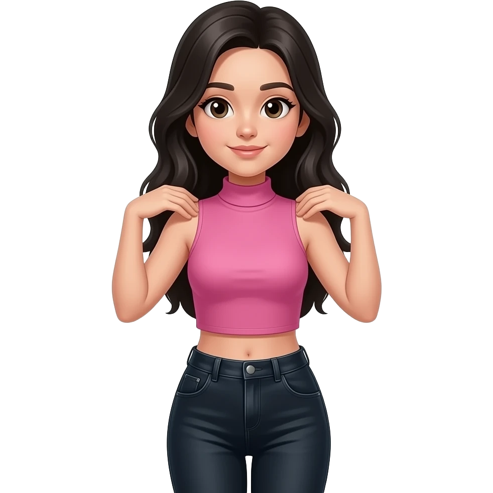 Teenage girl with long black hair wearing a pink sleeveless turtleneck top and long black jeans doing a shrug emoji
