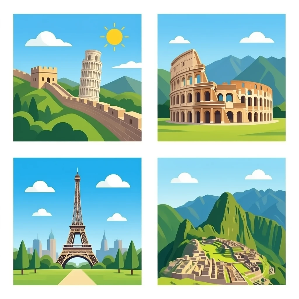 7 wonders of the world: Great Wall of china, leaning tower of Pisa, Big Ben, Sad, colosseum, and Eiffel Tower, and Machu Picchu emoji