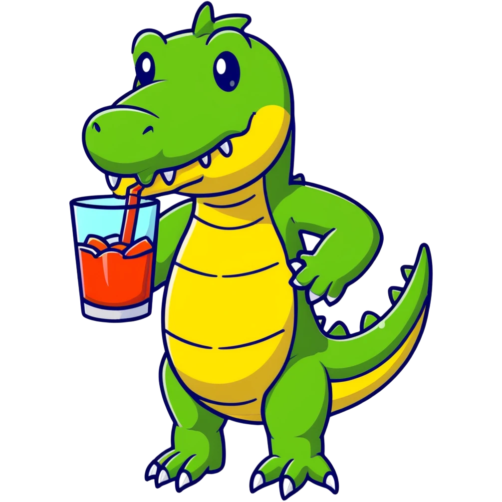 Friendly cartoon crocodile bartender making a Bombardino drink, cute character emoji