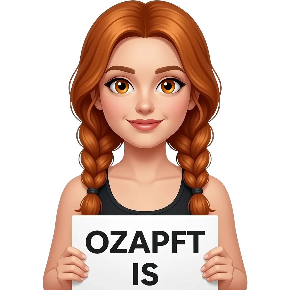 sexy girl with long wavy ginger braids and ginger eyes wearing a black tanktop is holding a sign with OZAPFT IS written on it emoji
