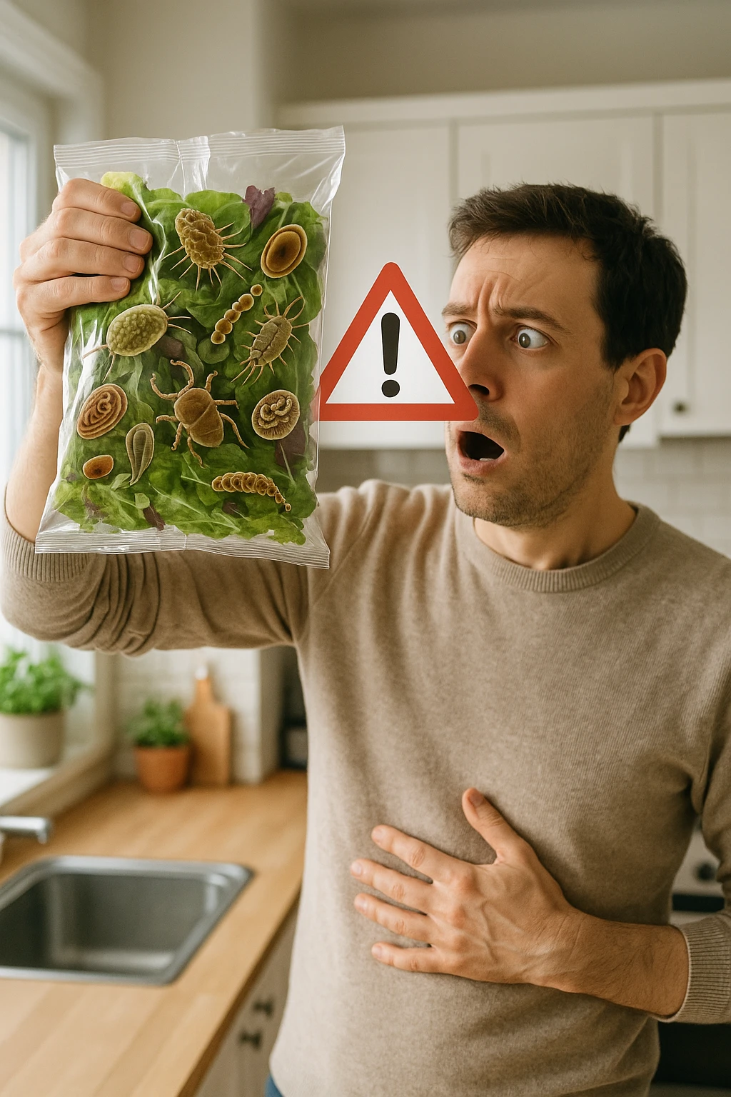 a man with a shocked expression holds a bag of salad greens up to the light. Through the clear plastic, enlarged and detailed images of various parasites and bacteria are visible among the leaves. A red warning triangle with an exclamation mark floats near the bag, emphasizing the health risk. The setting is a bright, everyday kitchen. emoji