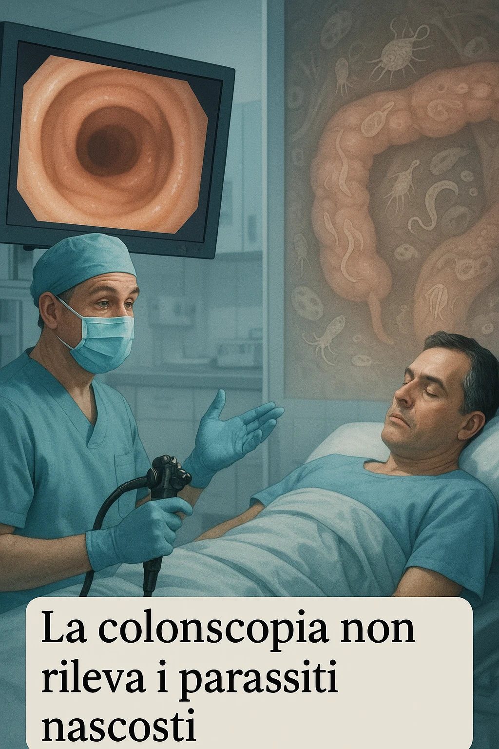 A medical cinematic illustration showing a patient undergoing a colonoscopy in a modern clinical setting. On the monitor, the endoscopic camera shows smooth, healthy-looking intestinal mucosa — clean and without evidentiary signs. But layered symbolically in the background (or faded into the intestinal wall), tiny parasitic organisms like protozoa and helminths are subtly depicted hiding between folds, or embedded deeper in tissues, undetectable by the surface-only scope. The doctor gestures with confidence, while the patient remains unaware that the test might not reveal the true underlying infection. The scene has cool clinical lighting, shallow depth of field, and realistic anatomy, overlaid with symbolic, almost ghost-like imagery of parasites in italiano emoji