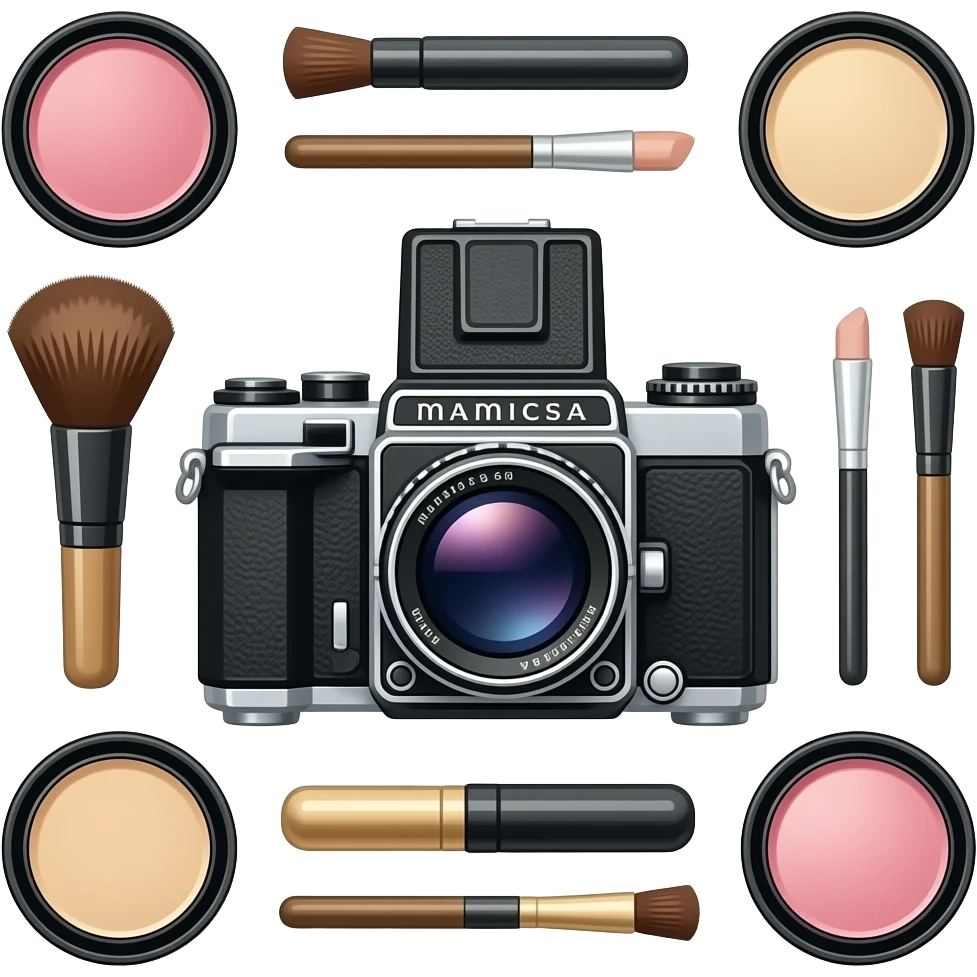 composition of make-up accessories with photo-camera Mamiya RB67 emoji