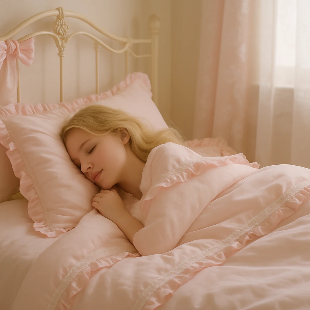 Side view of a girl with blonde hair, eyes closed, tucked into a baby pink Coquette bed, delicate and feminine details, soft pastel colors, gentle lighting emoji