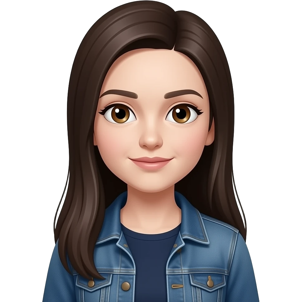 HT - hazel eyes, very pale white skin, dark brown very long straight hair, dark blue dress, denim jacket emoji