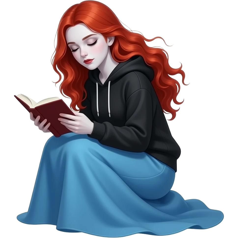 Vampiro femmina adolescente con capelli lunghi rosso fuoco ondulati con pelle bianca che indossa una gonna lunga azzurra e una felpa corta con cappuccio un po' larga nera e che sta leggendo con i capelli spinti indietro dal vento e con gli occhi chiusi ed è accovaciata emoji