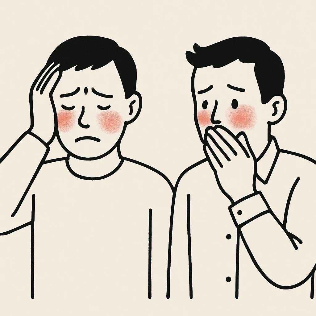 two embarrassed men in minimal style, looking away, red cheeks emoji
