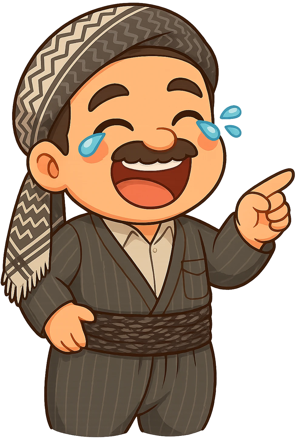 Cartoon sticker of a Kurdish man with the same clothes and scarf as the reference image, no changes to clothes or scarf, face with intense laughter and tears of joy, hand raised pointing to a joke or fun, colorful and cheerful, no text, suitable for WhatsApp and Instagram, transparent background. emoji