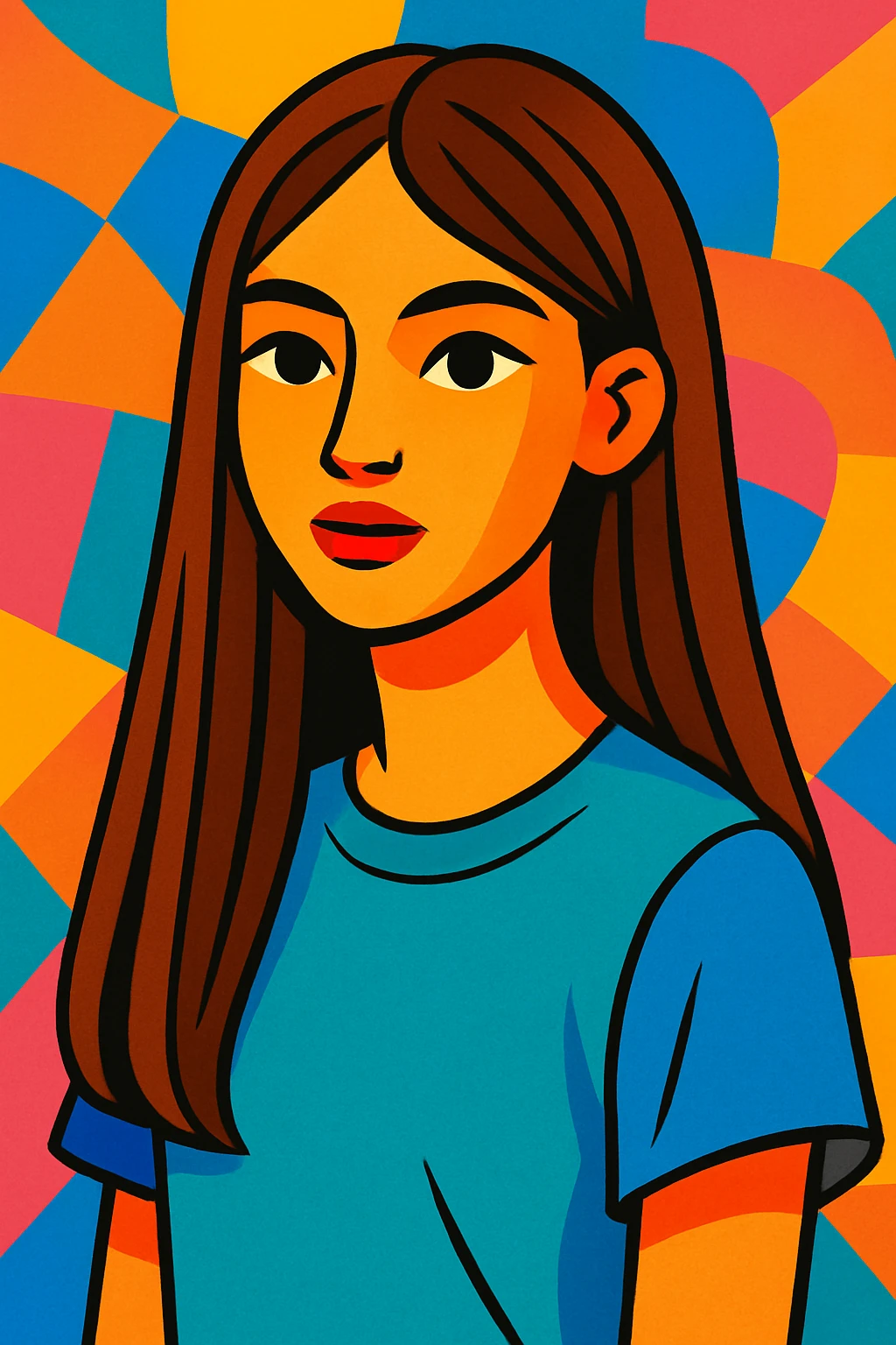 girl with long straight brown hair, modern illustration style, vibrant and colorful emoji
