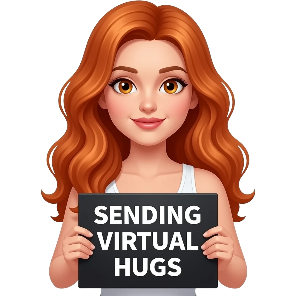 sexy girl with long wavy ginger hair and ginger eyes wearing a white tanktop is holding a black colored sign with SENDING VIRTUAL HUGS written on it emoji