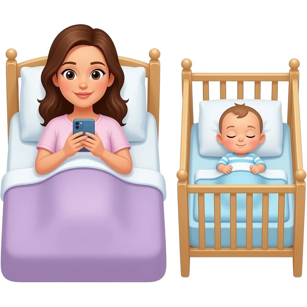 mujer acostada en la cama mirando el celular con un bebe a su lado durmiendo  en cuna emoji