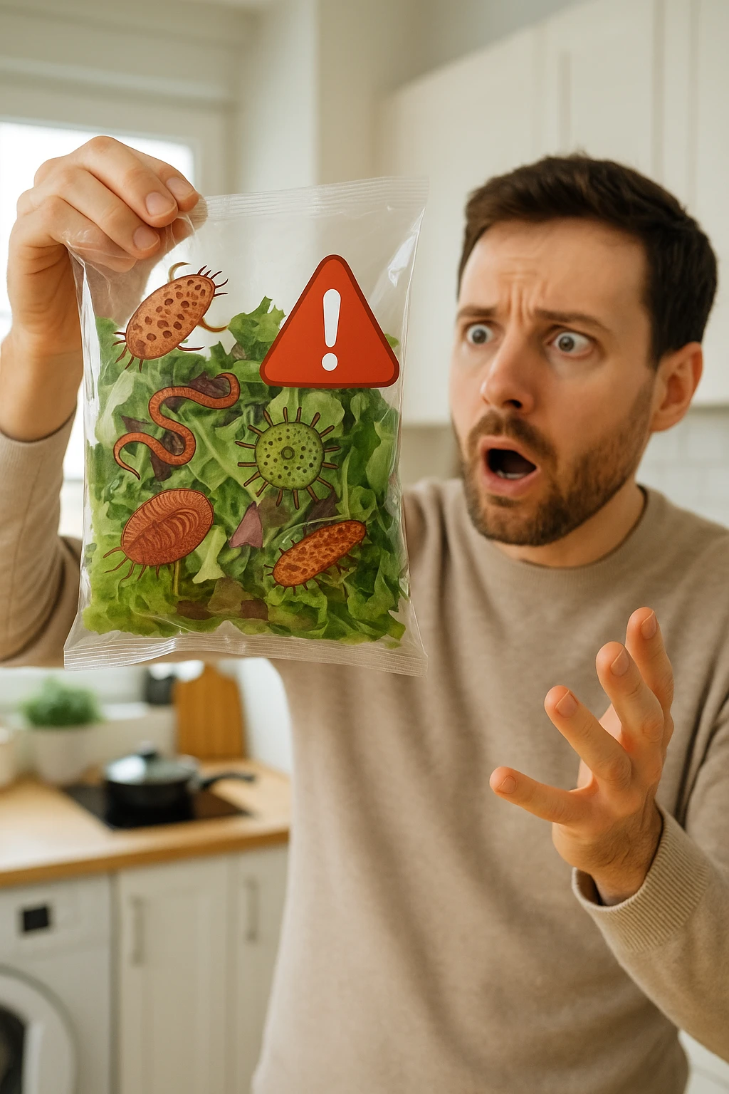 a man with a shocked expression holds a bag of salad greens up to the light. Through the clear plastic, enlarged and detailed images of various parasites and bacteria are visible among the leaves. A red warning triangle with an exclamation mark floats near the bag, emphasizing the health risk. The setting is a bright, everyday kitchen. emoji