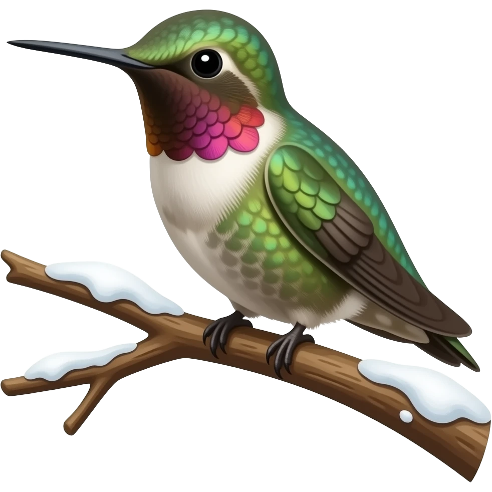 A hummingbird with a bit of snow on it on a tree branch emoji