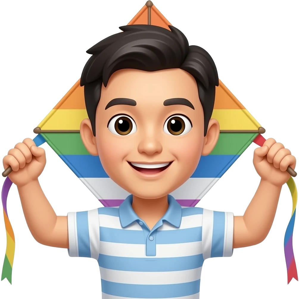 asian man holding kite with both hands in front , front facing closeup emoji