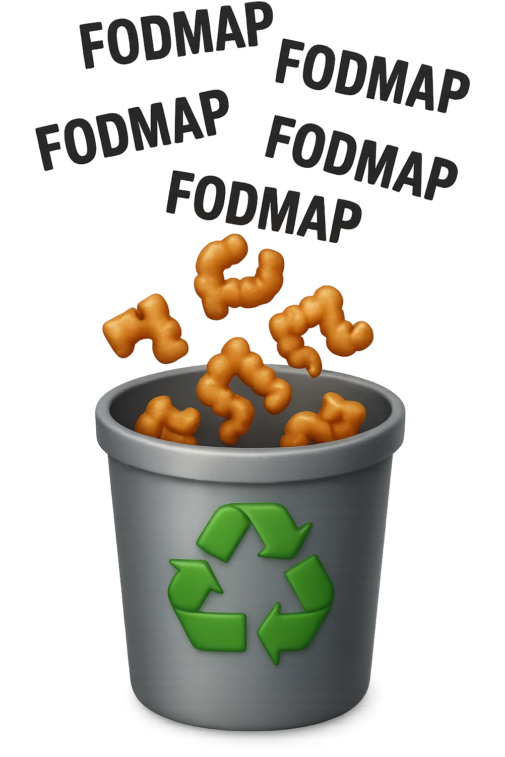 cinque scritte piccole "FODMAP" e piccoli pezzi di colon cadono in un secchio della spazzura con simbolo "recycle" sopra, stile emoji iphone, iperrealistico 4k emoji