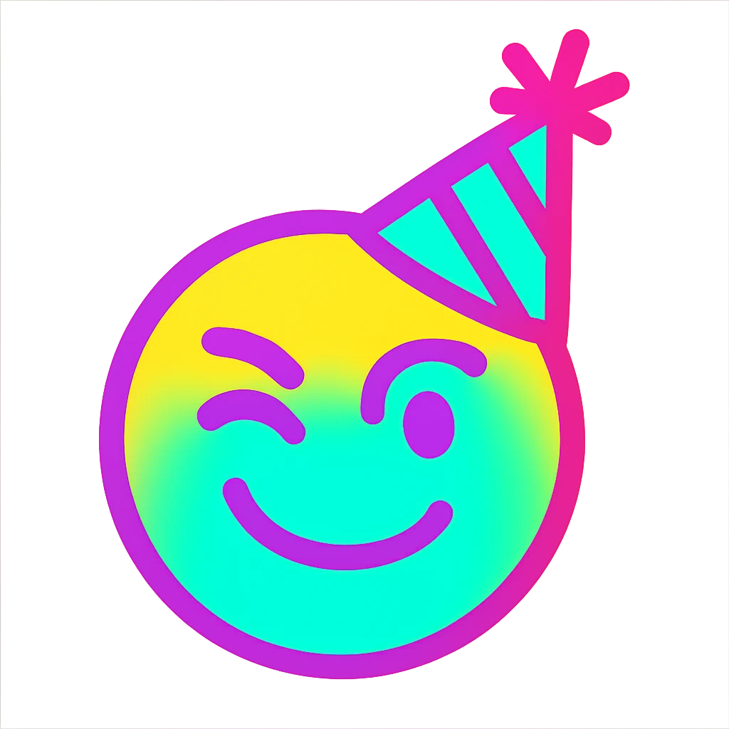 Edit the emoji to have a neon color palette, add a playful party hat as an accessory, and give a winking expression. The style should be minimalistic with bold lines, bright colors, and playful, resembling an emoji style with no background. emoji