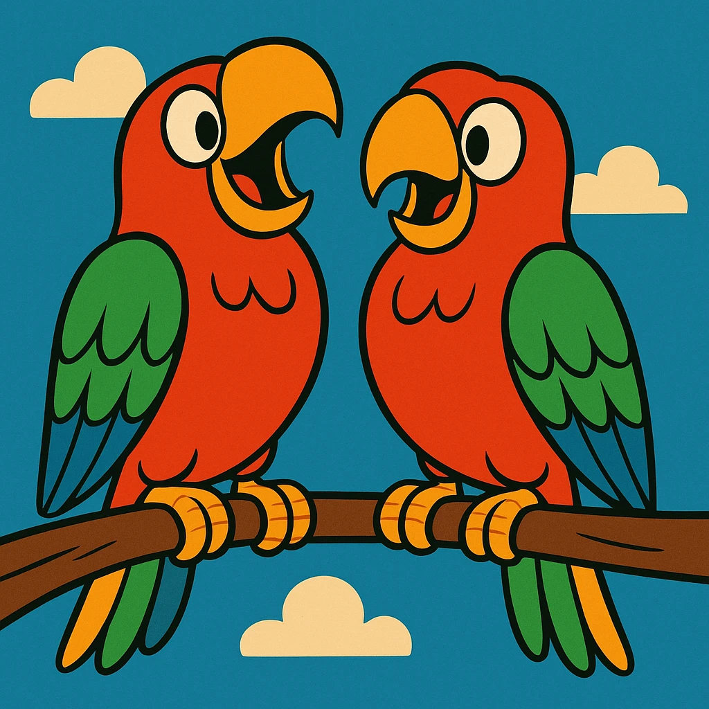 Pete and Repeat as two parrots on a branch, one talking and the other echoing, cheerful cartoon style emoji