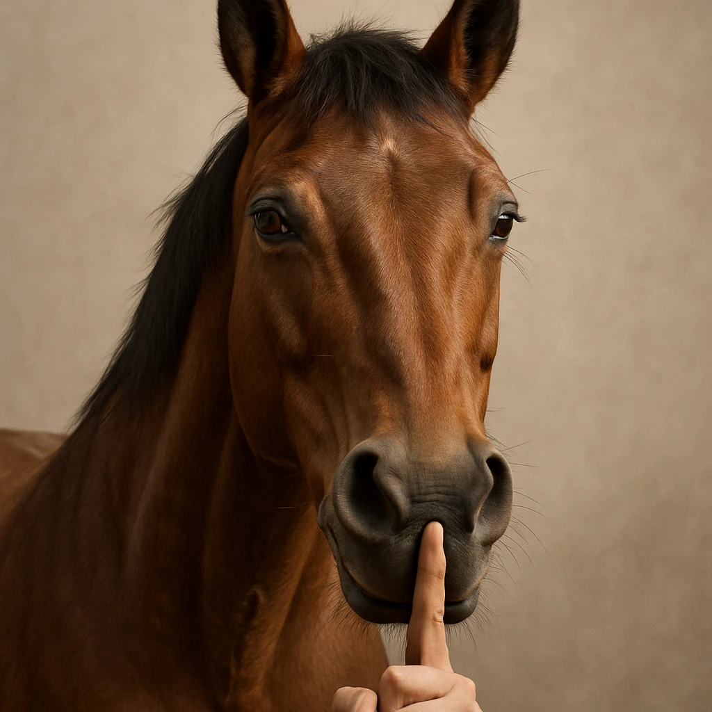 realistic horse with a shushing gesture, finger in mouth emoji