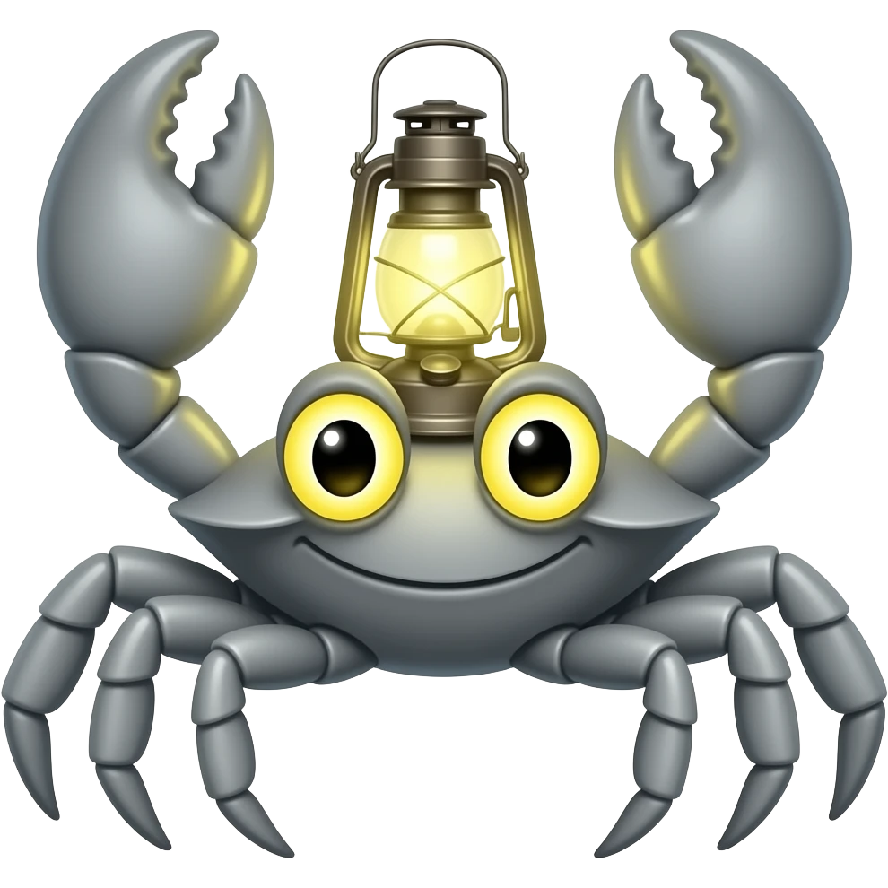 A Gray crab with a lantern on its back facing forward with glowinging yellow eyes with growing yellow eyes emoji