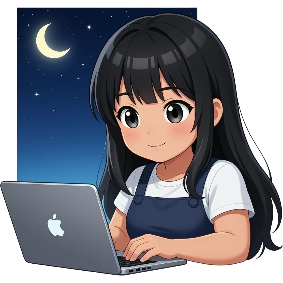 create a girl anime like design, who is girl with black hair, black eyes et caramel color skin, chubby girl who work on the laptop with sky night emoji