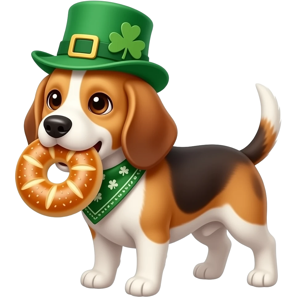 Beagle dressed for St Patrick’s day with bagel in its mouth emoji