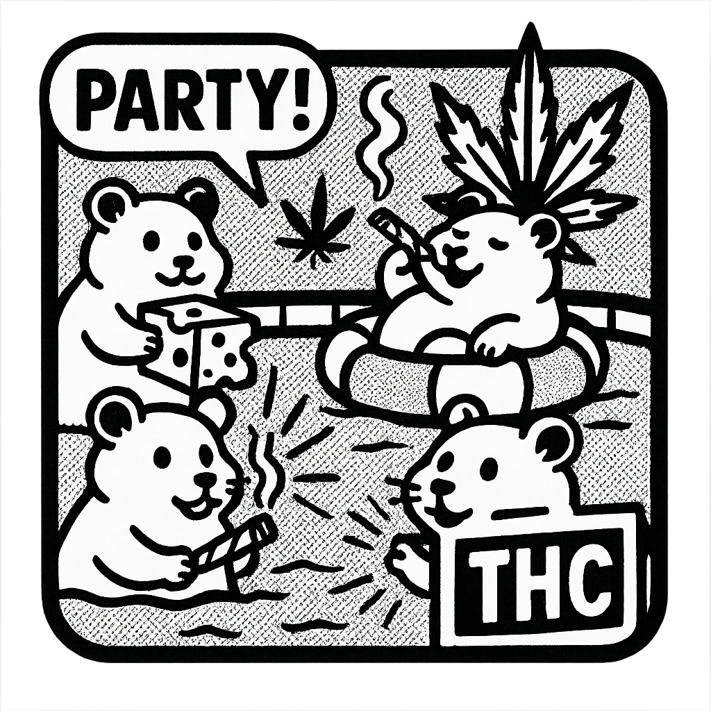 square Discord server icon, retro comic book style, hamsters at a pool party with weed, cheese, THC theme, halftone dots, speech bubbles, dynamic action lines, centered clear fun composition emoji