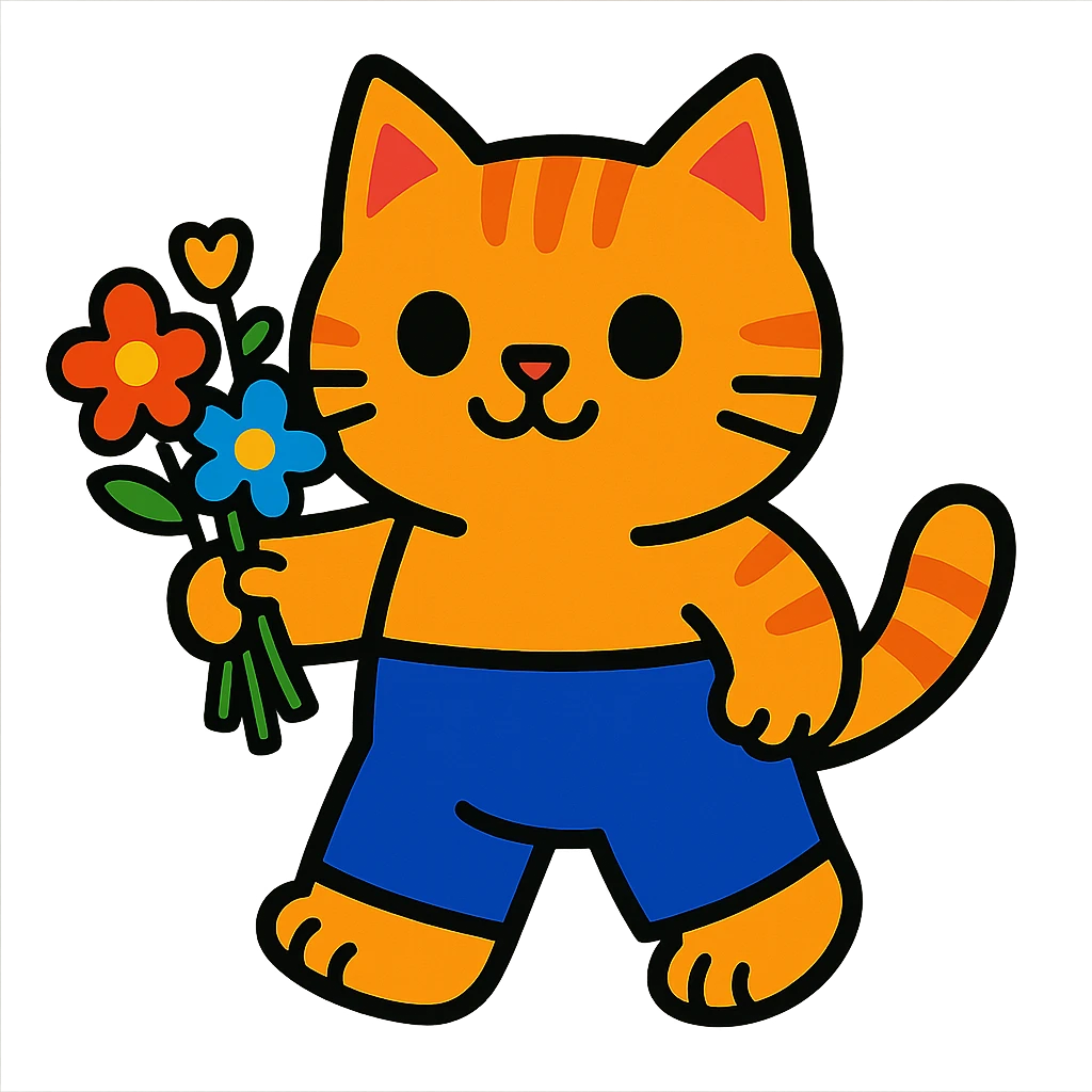a chubby kitten in pants with a bouquet of flowers emoji