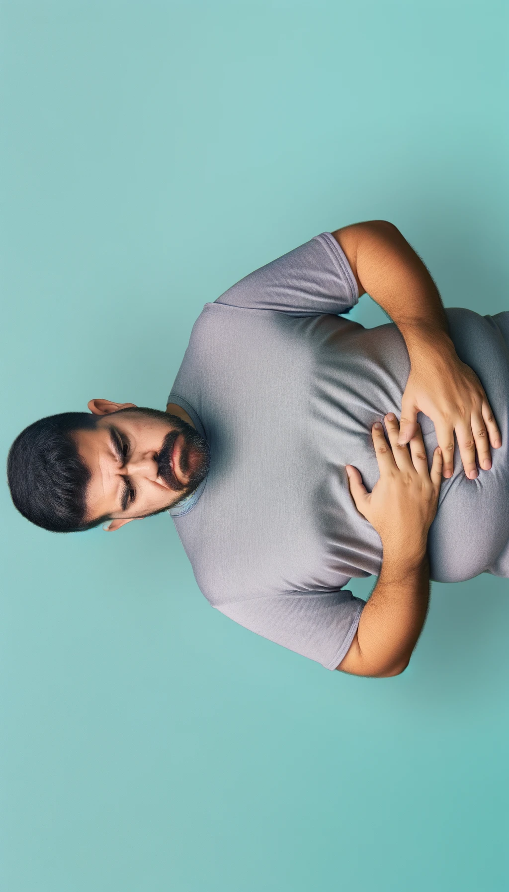 UOMO FITNESS LEGGERMENTE SOVRAPPESO, SI TOCCA LA PANCIA CON ESPRESSIONE DISPIACIUTA IN VOLTO, iperrealistico 4k emoji