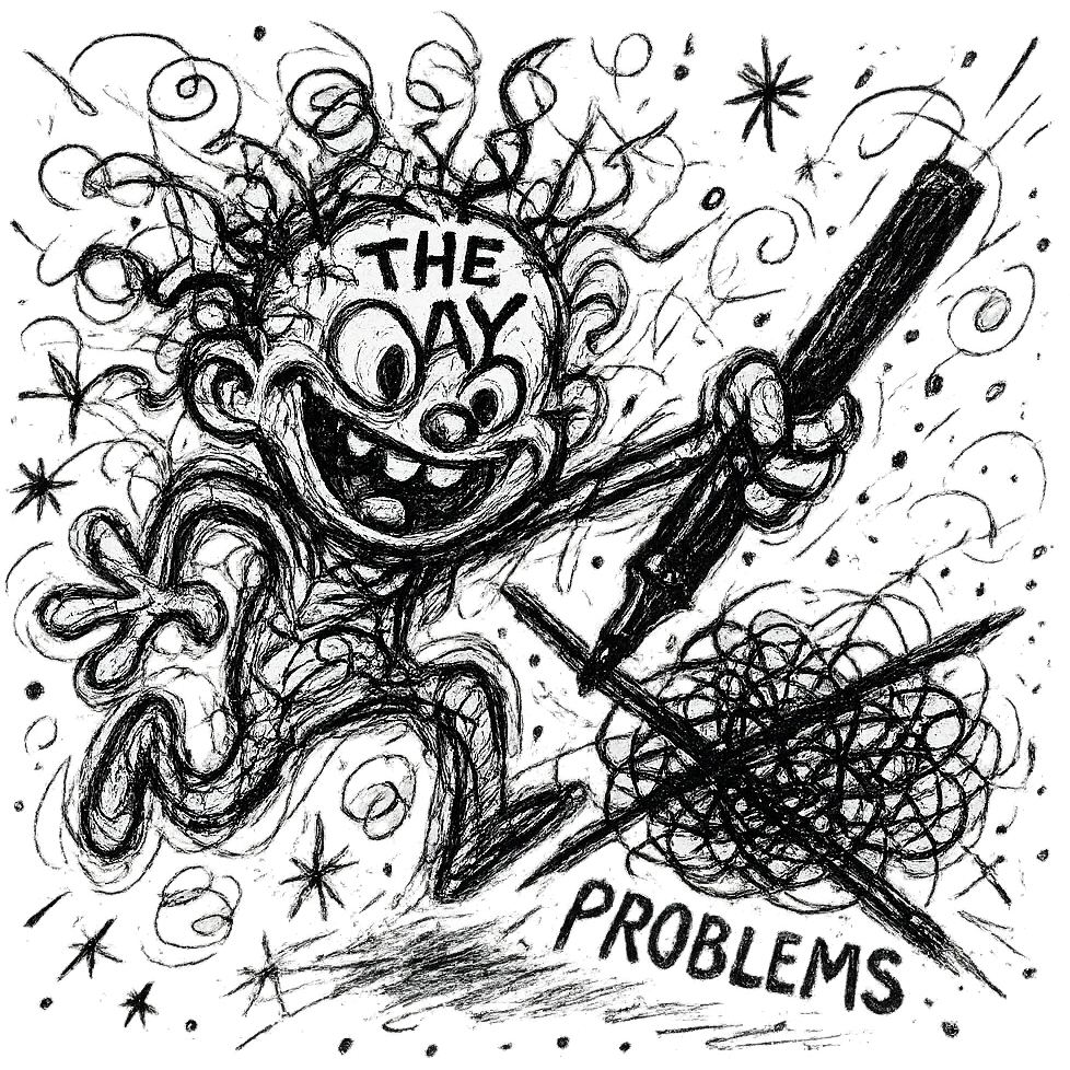 A surreal image of a day crossing out everyday problems. The day is depicted as a chaotic doodle character with a marker, crossing out a list of problems. emoji