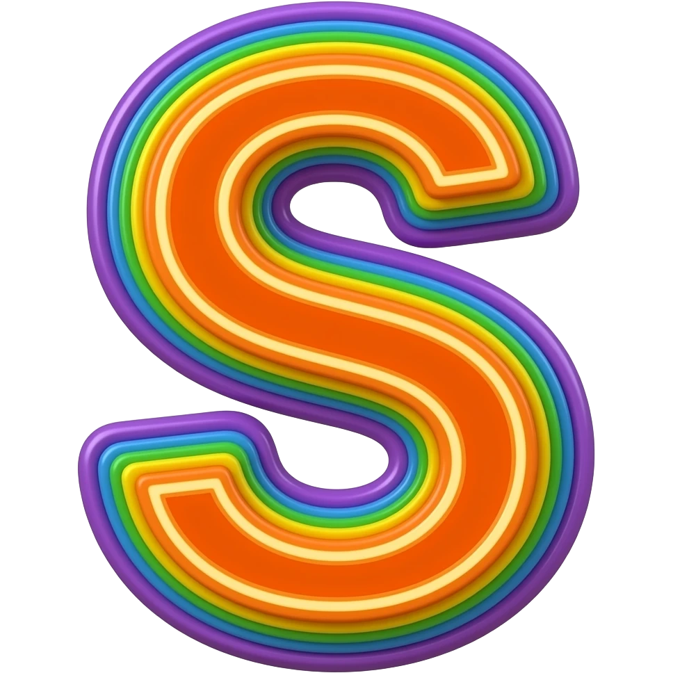 name "s" in neon orange, 3D style typography lettering, each color of the rainbow as a border outlined around each letter, isolated, 3d rendering, no emoji icons no emoji faces and must have no human figures emoji
