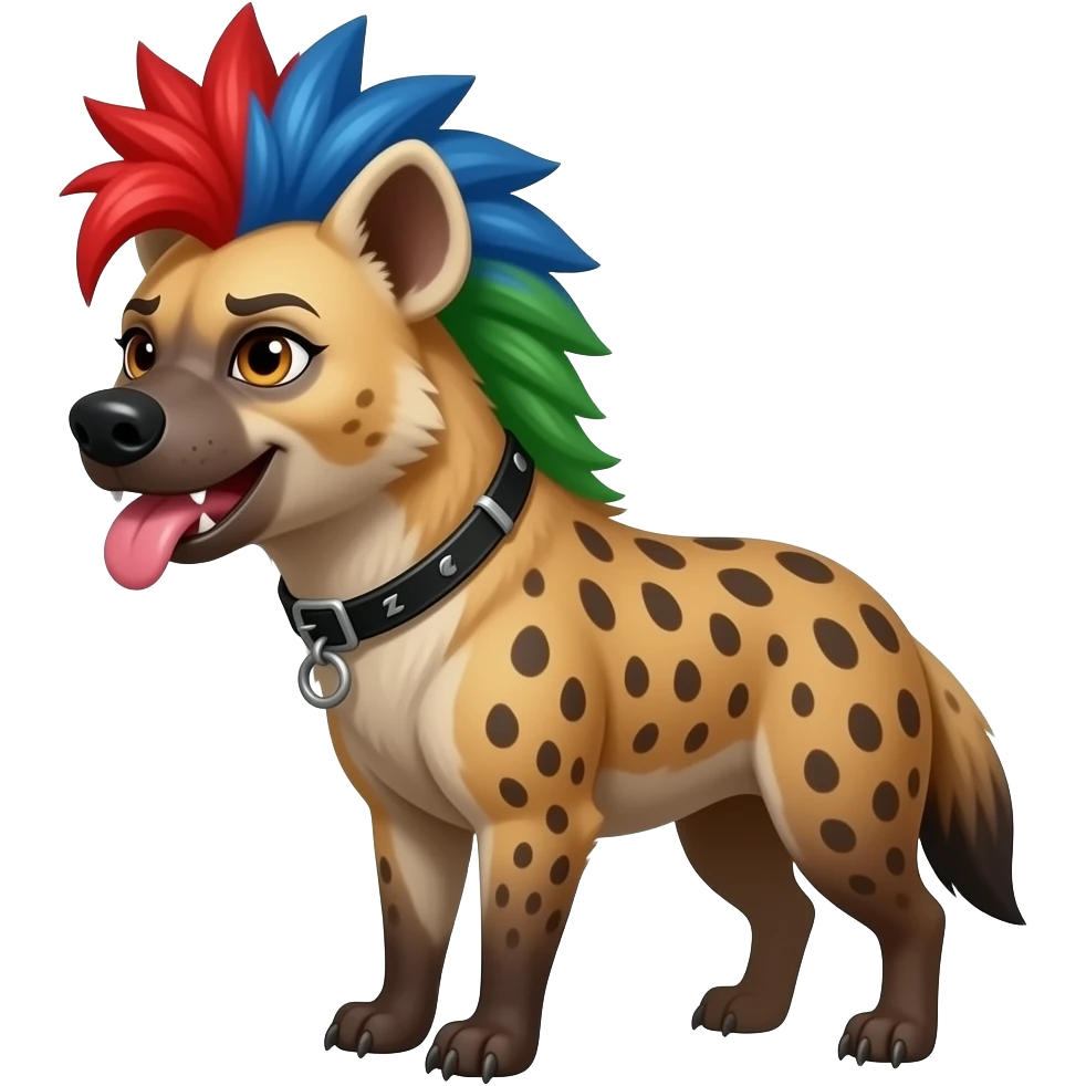 hyène femelle punk cheveux rouge bleu et vert qui tire la langue emoji