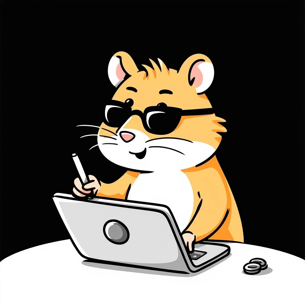 unique, colorful, hand-drawn, modern, realistic hamster with cool glasses, creating a design or making animations, showing creative action, solid black background, illustrated in Procreate on an iPad, not kiddish emoji