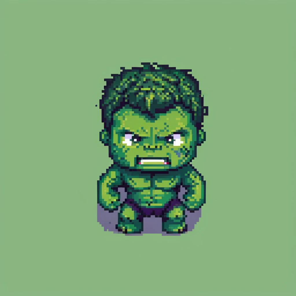 Cute chibi Hulk in pixel art style, big head, small body, playful expression emoji