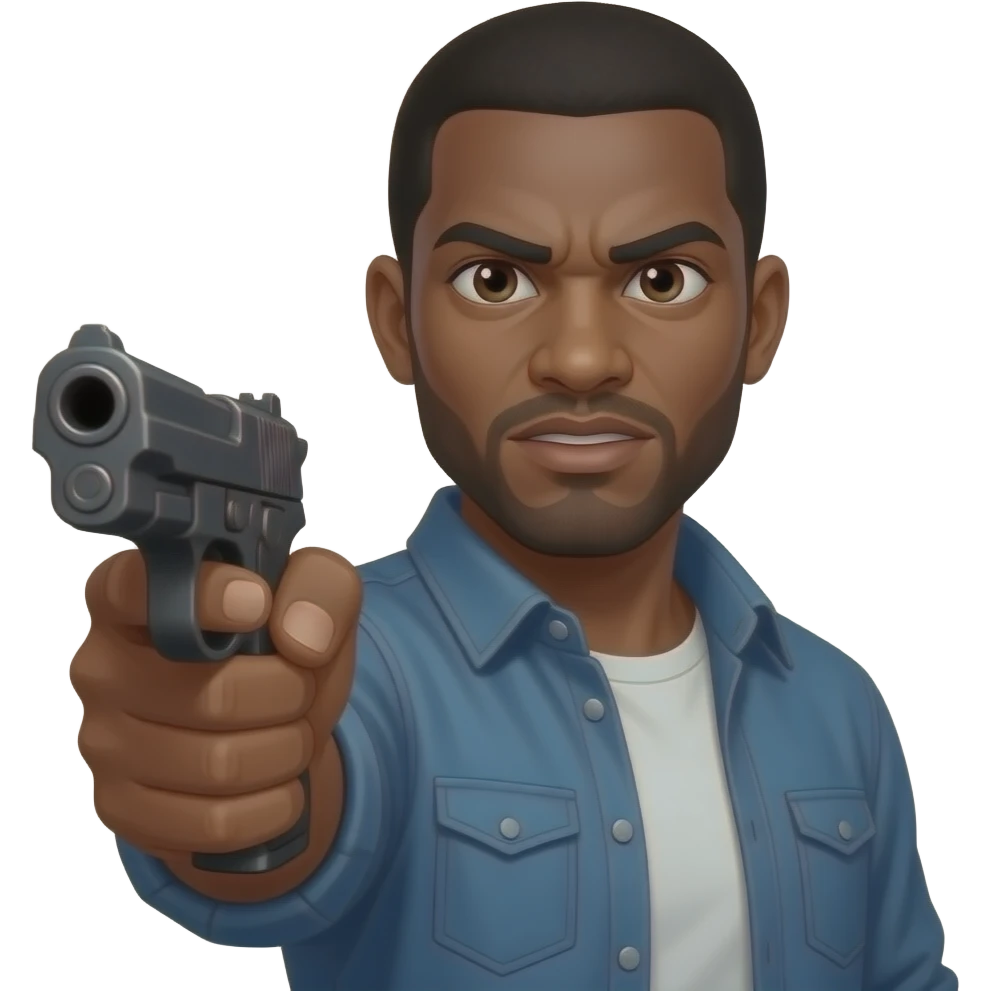 dark skinned man holding a gun with a menacing look on his face emoji