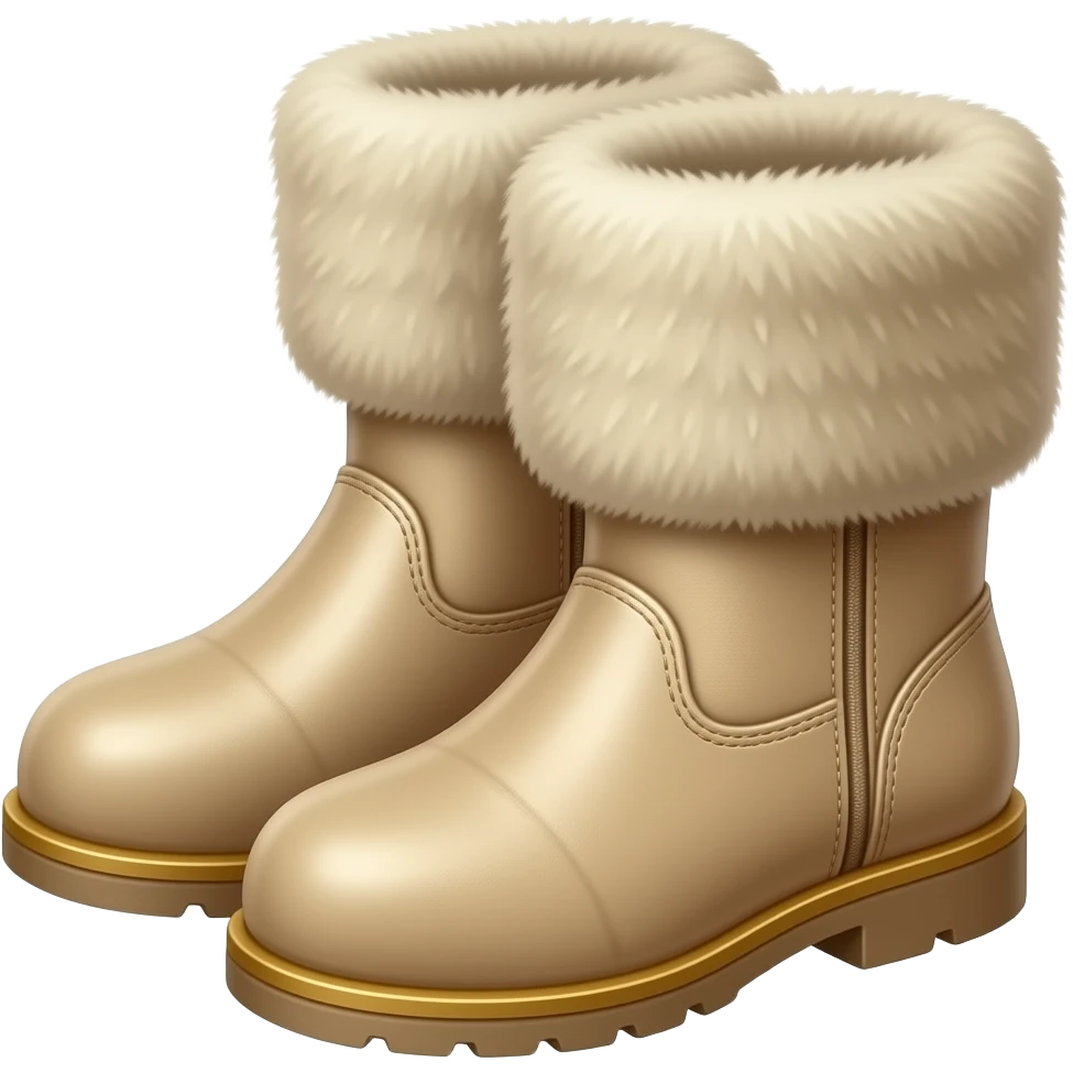 Image hyperréaliste et accrocheuse de bottes en fourrure beige kawaii. La vue est en 3/4 Ajoute subtilité pour renforcer l'impression de luxe de la scène. L'ensemble est isolée sur un fond blanc. emoji