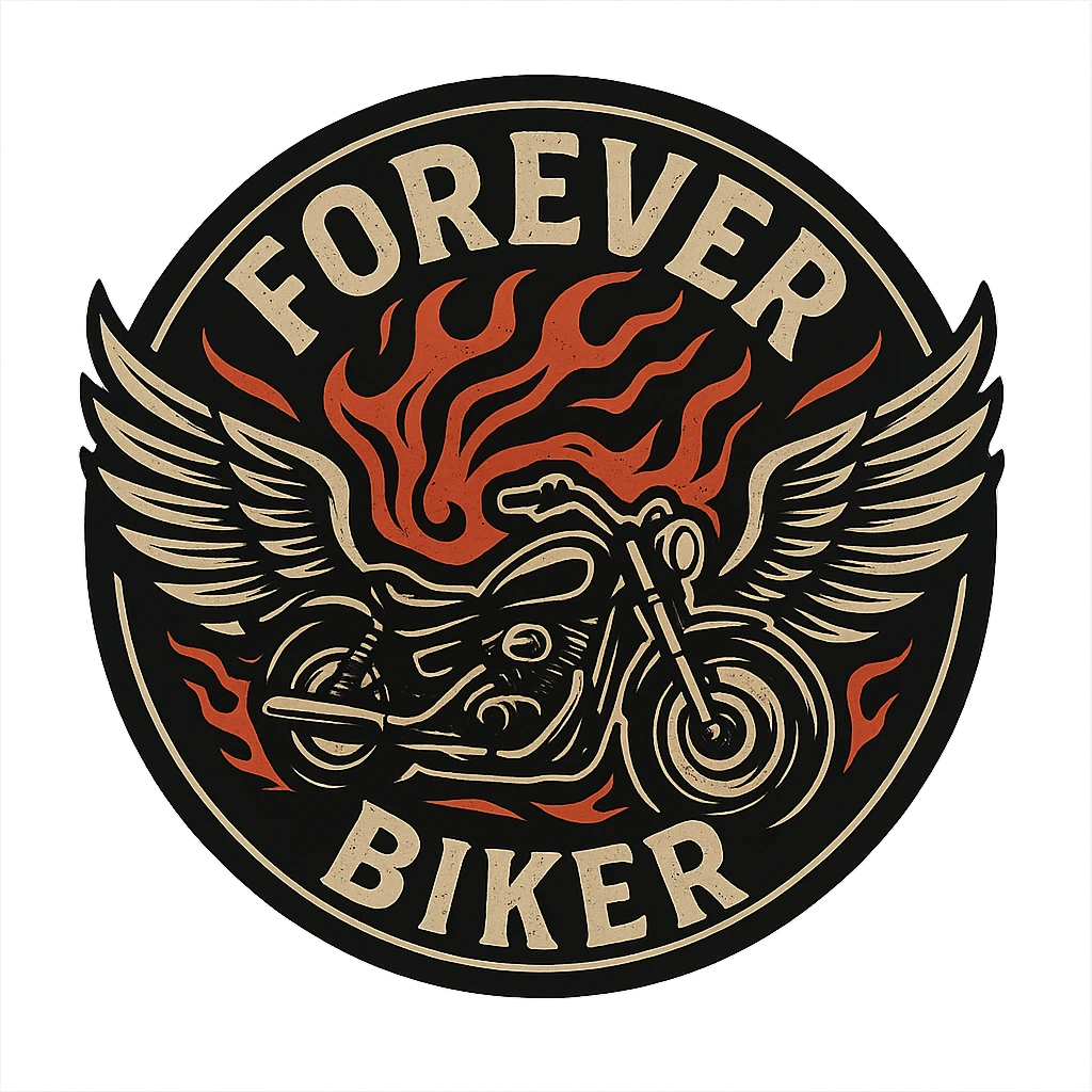 circular transparent background design for motorcycle cap, text 'FOREVER BIKER', motif: motorcycle, flame, wing, unique style emoji