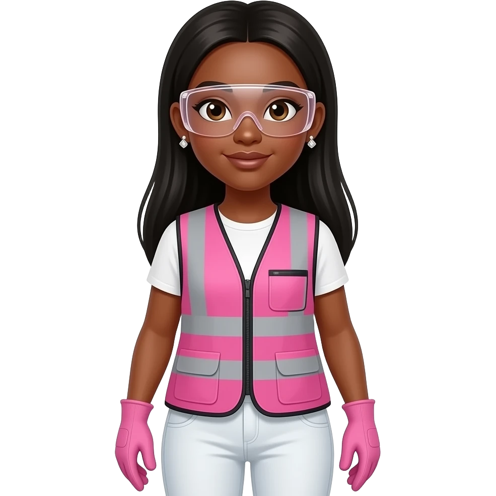 African American woman with brown eyes with long black straight hair wearing diamond earrings wearing pink and clear safety glasses wearing a pink construction vest wearing white pans wearing pink construction vest wearing white pants wearing pink construction gloves emoji