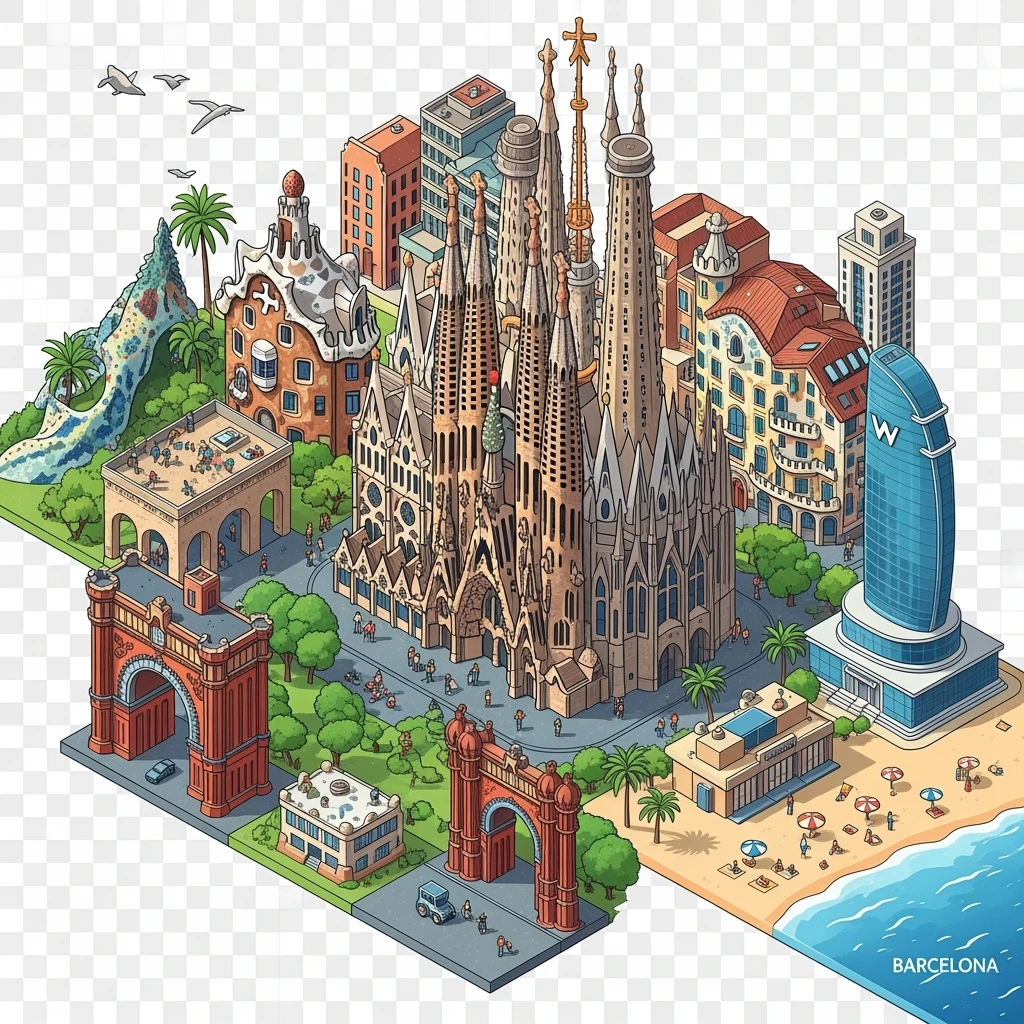 Isometric illustration of Barcelona, featuring Sagrada Familia with intricate spires, highly detailed in semi-realistic style with sharp outlines, balanced between stylized and realistic, 3D miniature effect, transparent background. emoji