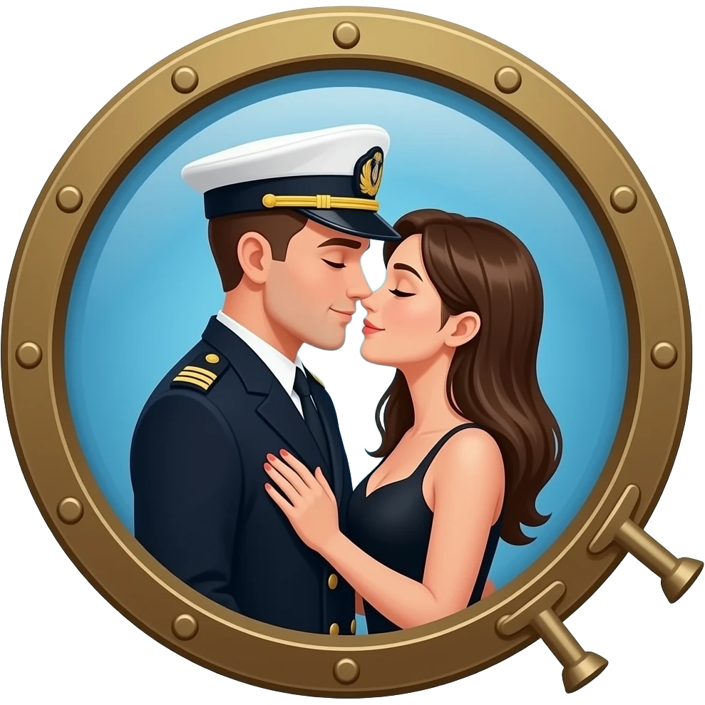 Porthole with male naval officer and female dressed in black making love emoji