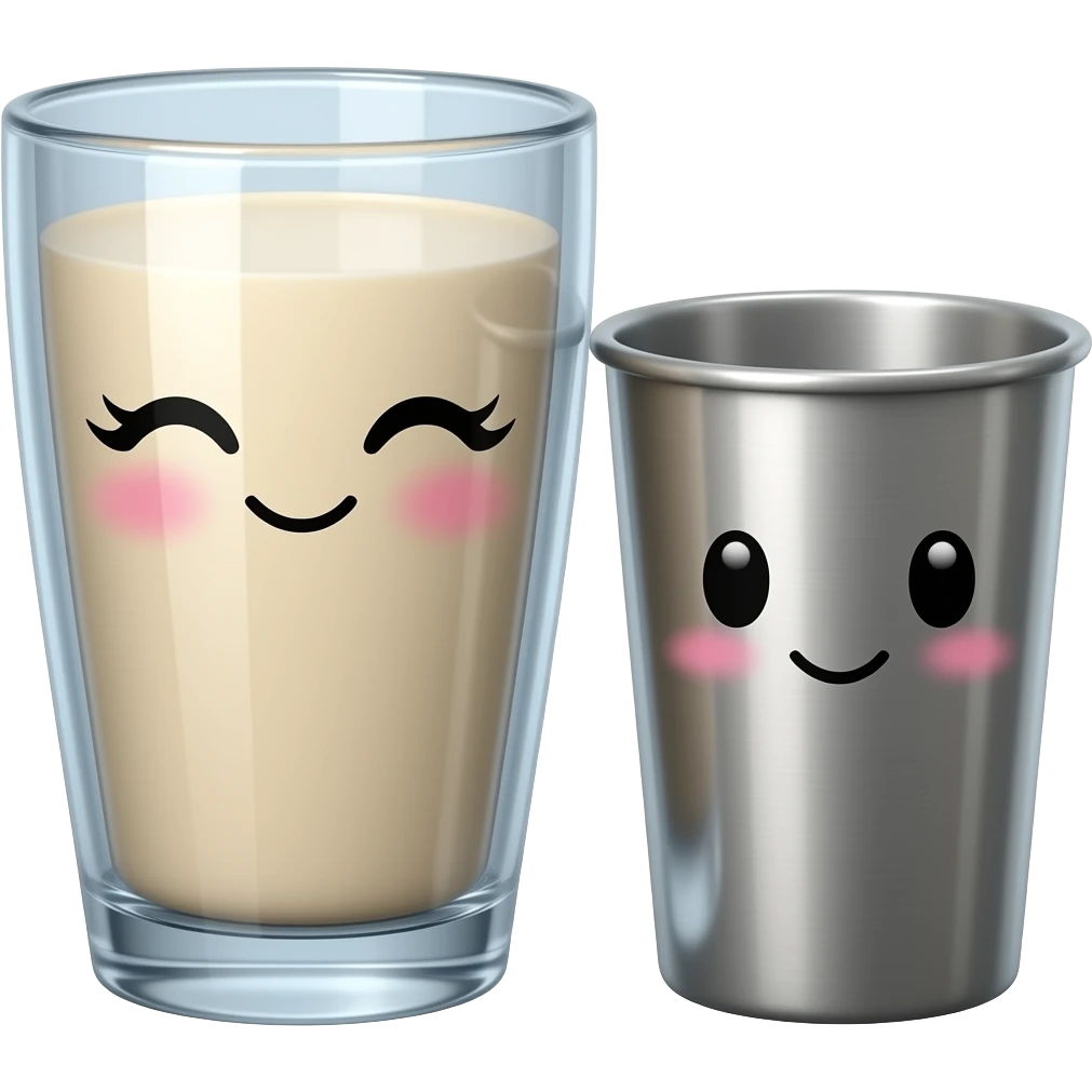 Fat glass cup with a cute face with eyelashes next to slim metal cup with a cute face without eyelashes emoji