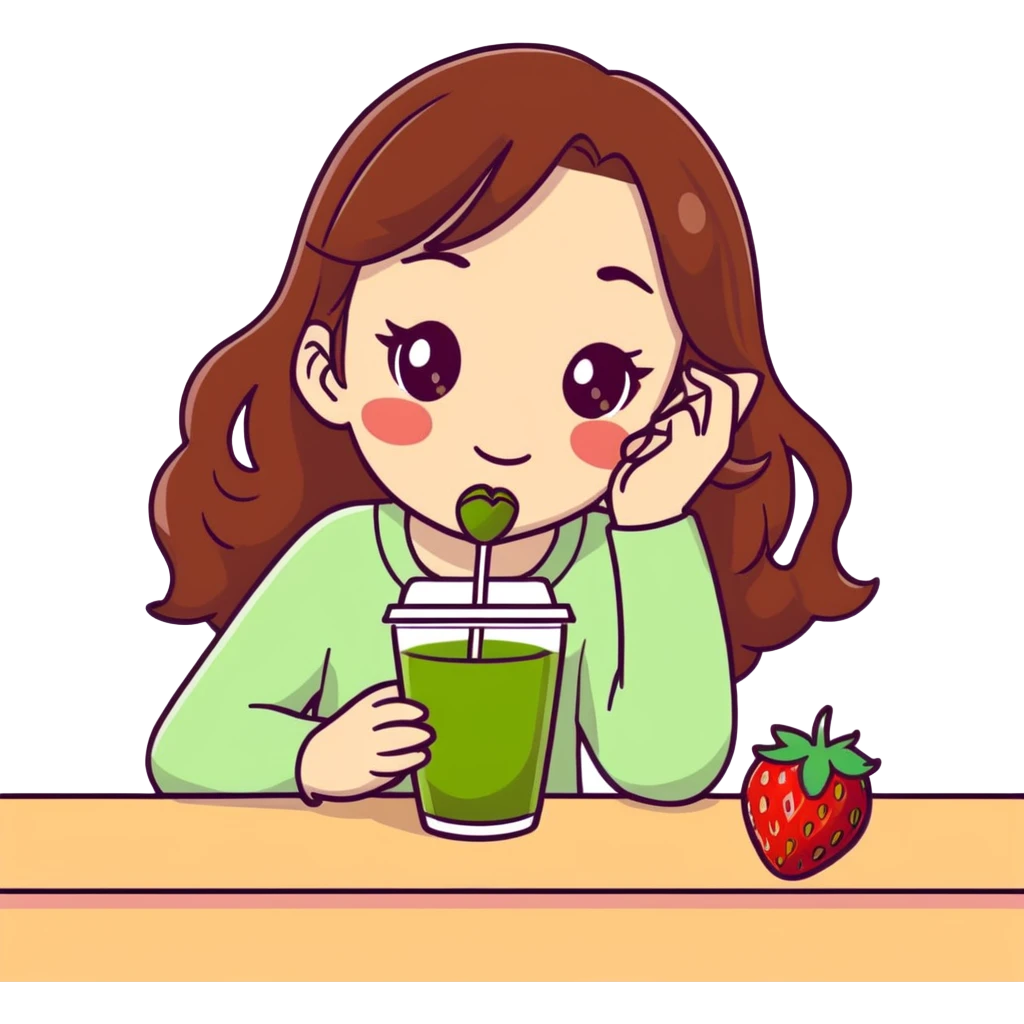 Girl with brown Hair and green eyes, drinking a strawberry matcha with coquette look emoji