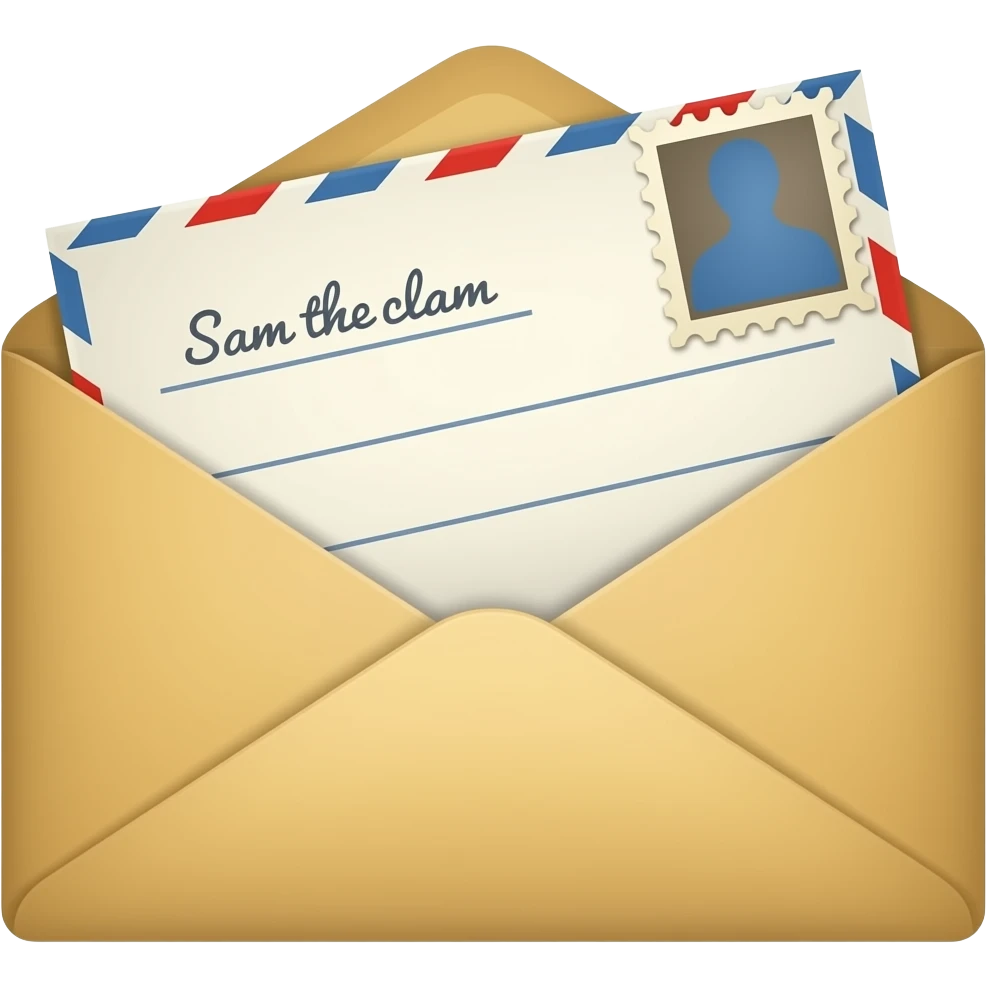 Envelope, name, Sam the clam, address, corner, and stamp emoji