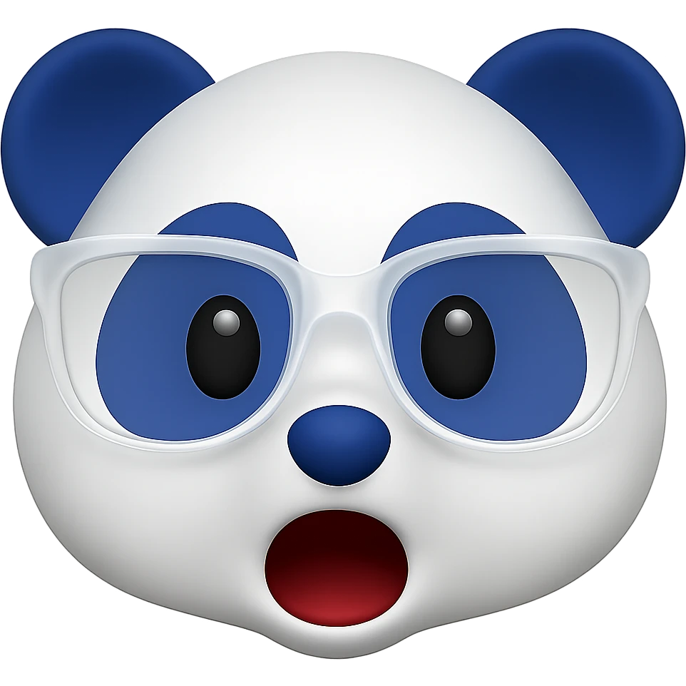 Make the panda's white designer glasses translucent and give the panda a surprised expression, keeping the playful 3D emoji look with white and #002FA7 blue coloring. Remove the background. emoji