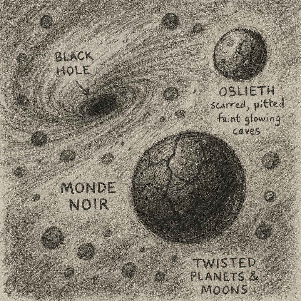 hand drawn map of dark back ward -“A dark cosmic region orbiting a massive black hole. No sunlight. A dead solar system with twisted planets and moons circling in silence. Monde Noir looms in the foreground — a cracked, obsidian planet with no atmosphere. Its moon, Oblieth, floats nearby, scarred and pitted, with faint green lights glowing from within cave openings. Stars are distorted and streaked by gravitational lensing. The entire scene is heavy, quiet, and surreal.” emoji