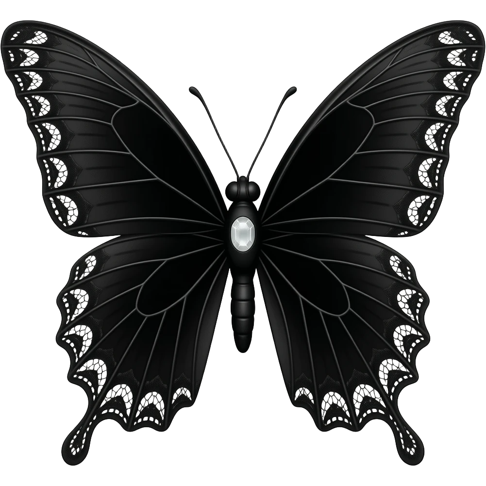 butterfly, 3D emoji gothic butterfly, black velvet, matte black filigree, black lace trim, white gem, elegant emoji