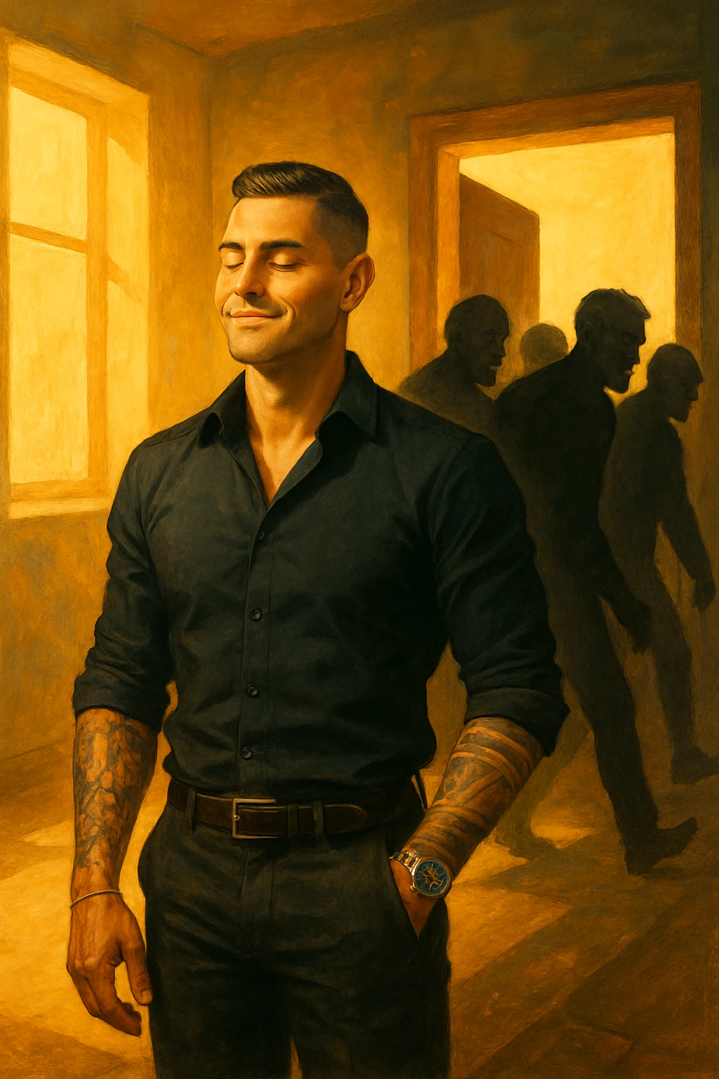 a man stands confidently in a sunlit room, facing away from a group of dark, shadowy figures with harsh or angry expressions who are walking out the door. The man’s posture is upright and relaxed, his face calm and relieved. Warm light fills the space, symbolizing his newfound peace and positivity. emoji